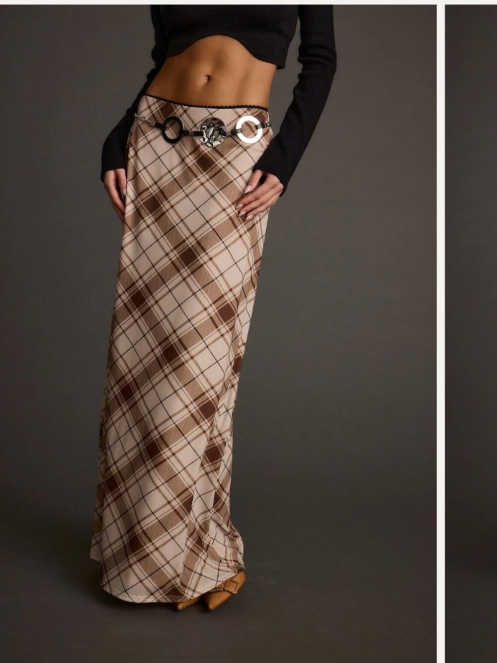 12th Tribe Julia Brown Plaid Mesh Maxi Skirt